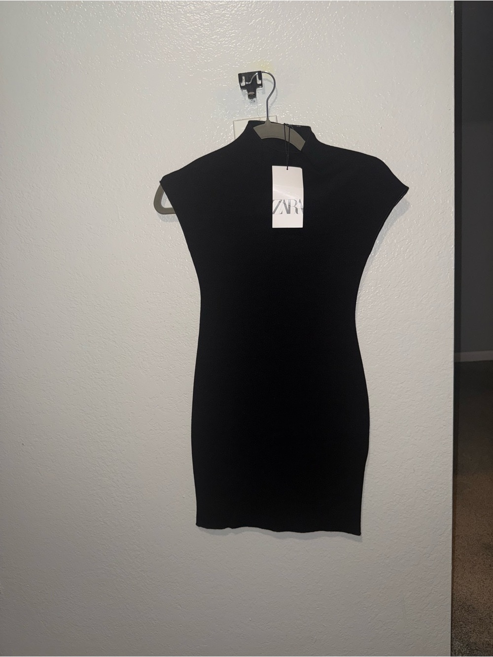 Zara Black Cap-Sleeve High-Neck Mini Dress